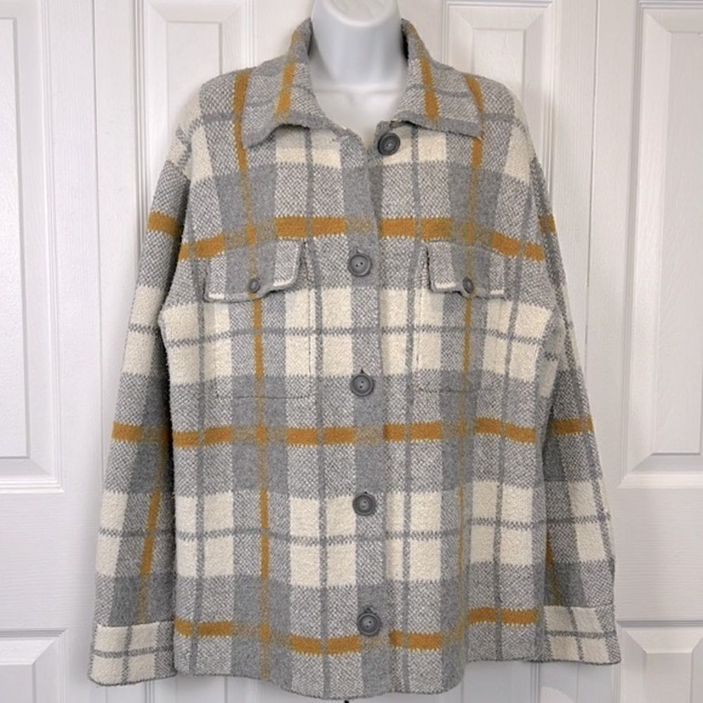 Rachel Zoe Grey/Cream/Mustard Plaid Sweater Shacket Size S (fits oversized)
